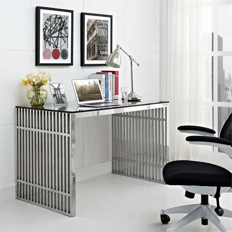 Modway Gridiron Steel Office Desk In Silver Eei 1450 Slv Modway Gridiron Steel Office Desk In Silver