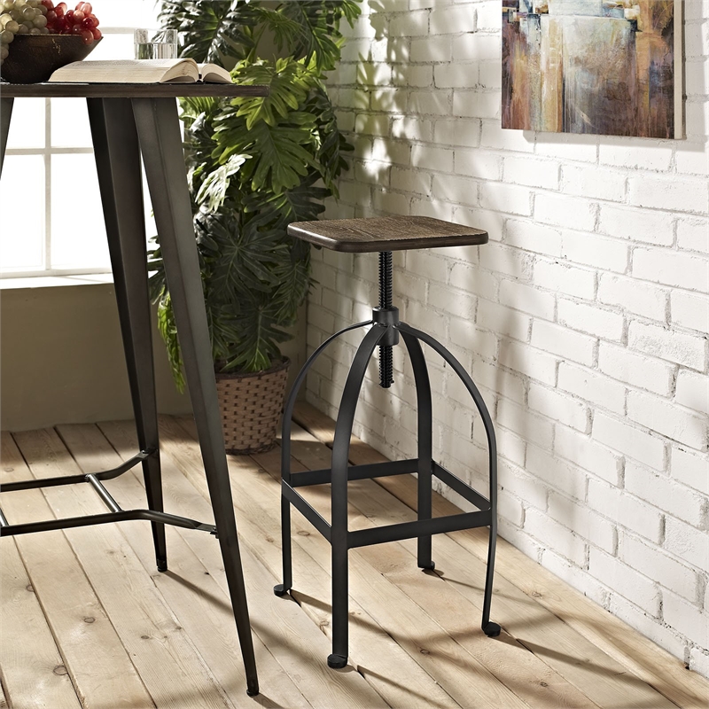 Modway Pointe Wood Top Metal Adjustable Height Kitchen Bar Stool In Brown