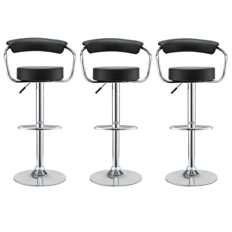 Modway Diner Adjustable Leather Swivel Bar Stool in Black (Set of 3