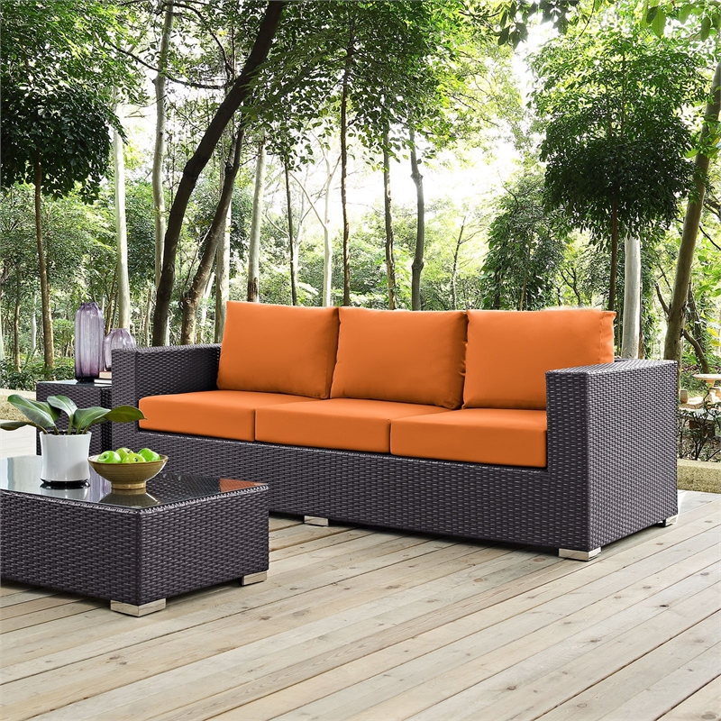 Modway Convene Aluminum and Rattan Outdoor Patio Sofa in Espresso/Orange
