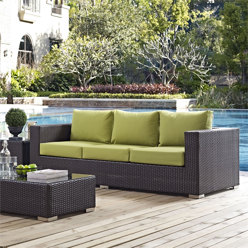 Modway Convene Aluminum and Rattan Outdoor Patio Sofa in Espresso/Peridot