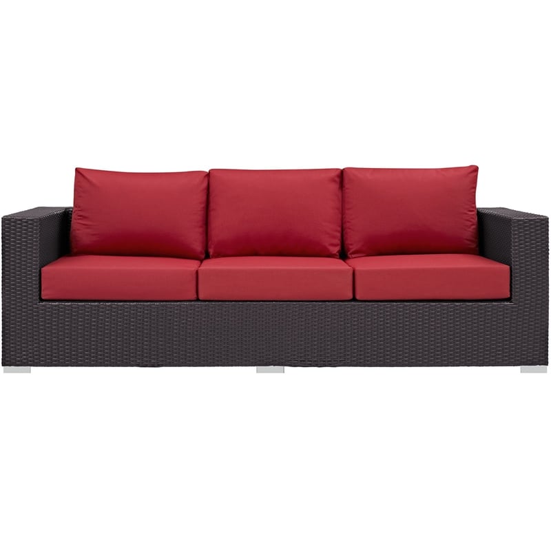Modway Convene Aluminum and Rattan Outdoor Patio Sofa in Espresso/Red