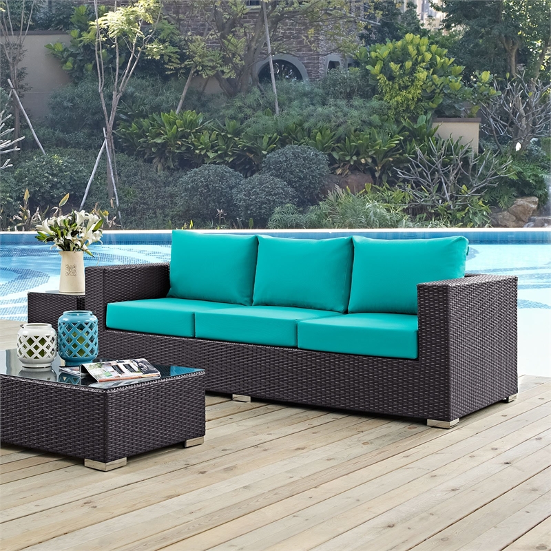 Modway Convene Aluminum and Rattan Outdoor Patio Sofa in Espresso/Turquoise