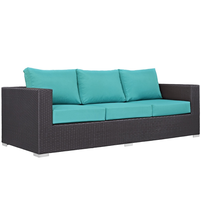 Modway Convene Aluminum and Rattan Outdoor Patio Sofa in Espresso/Turquoise