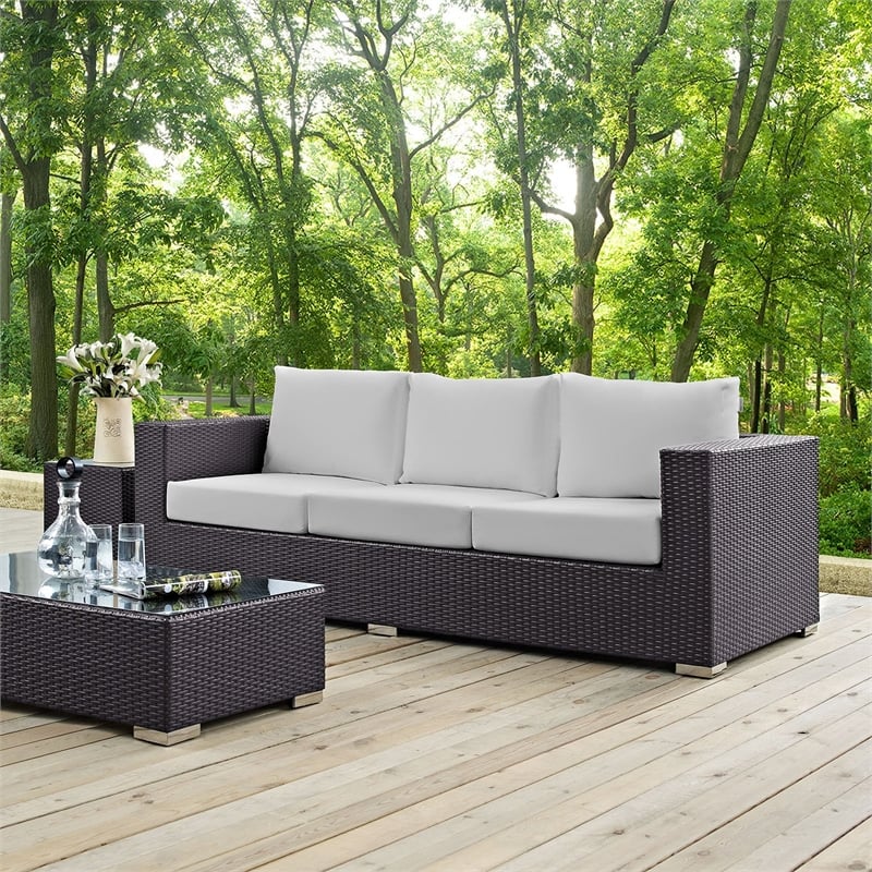 Modway Convene Aluminum and Rattan Outdoor Patio Sofa in Espresso/White