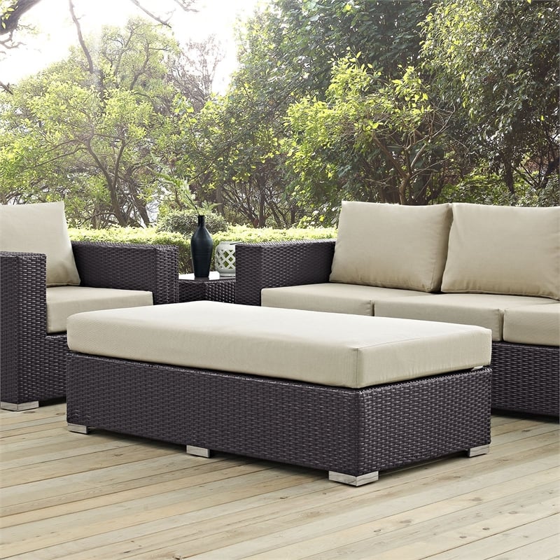 Modway Convene Rectangle Fabric Rattan Patio Ottoman in Espresso/Mocha