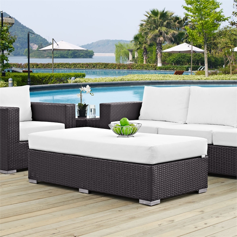 Modway Convene Rectangle Fabric Rattan Patio Ottoman in Espresso/White