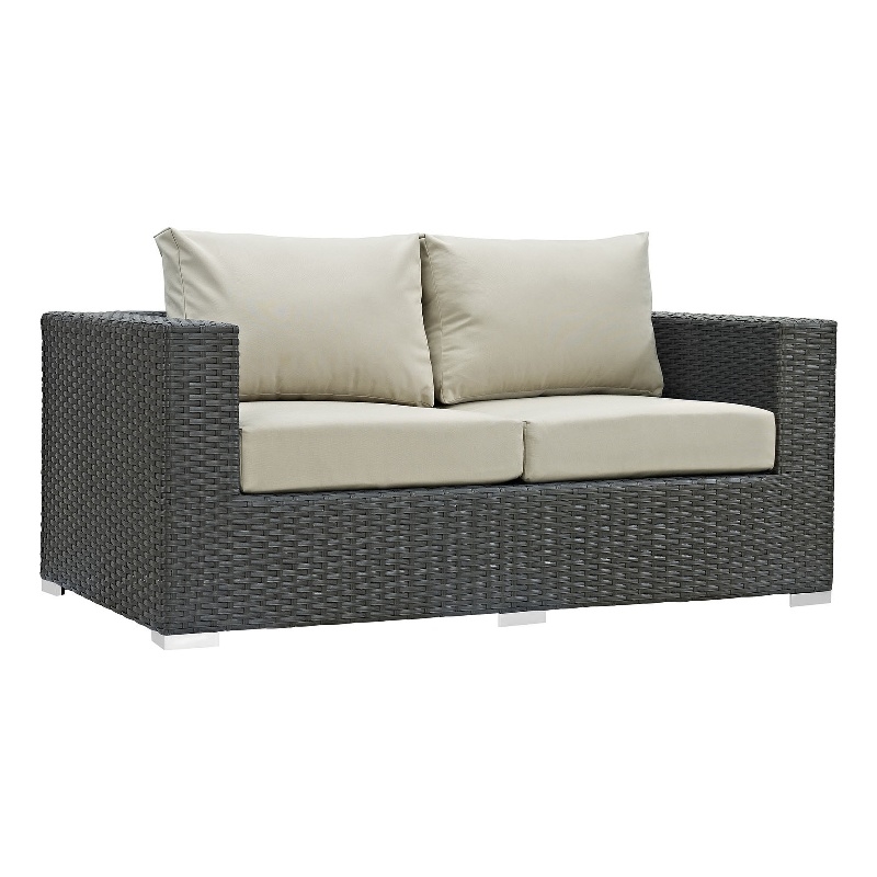 Modway Sojourn Aluminum and Rattan Patio Loveseat in Canvas/Antique Beige
