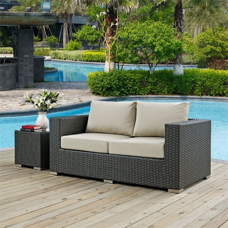 Modway Sojourn Aluminum and Rattan Patio Loveseat in Canvas/Antique Beige