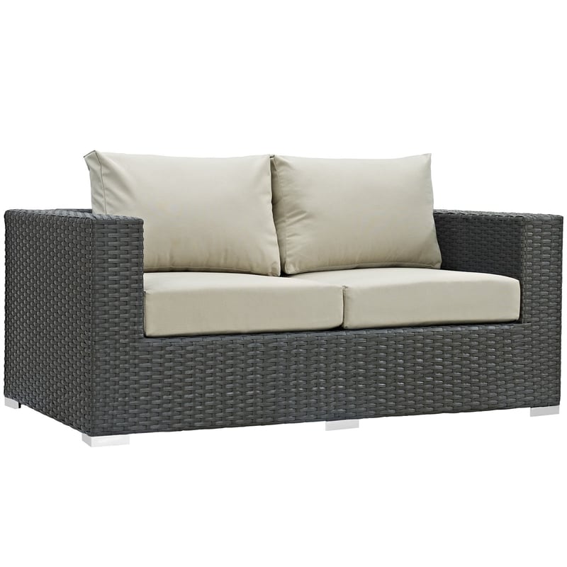 Modway Sojourn Aluminum and Rattan Patio Loveseat in Canvas/Antique Beige