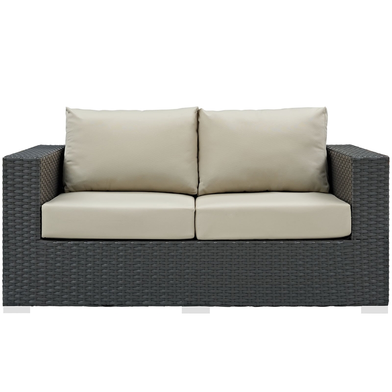 Modway Sojourn Aluminum and Rattan Patio Loveseat in Canvas/Antique Beige