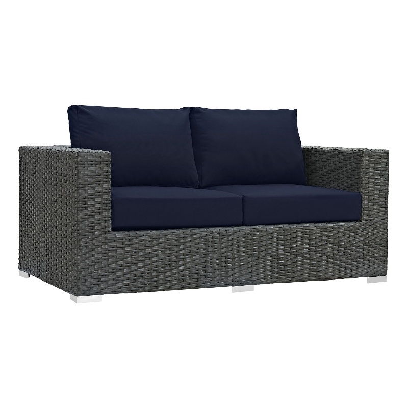 Modway Sojourn Aluminum and Rattan Patio Loveseat in Canvas/Navy