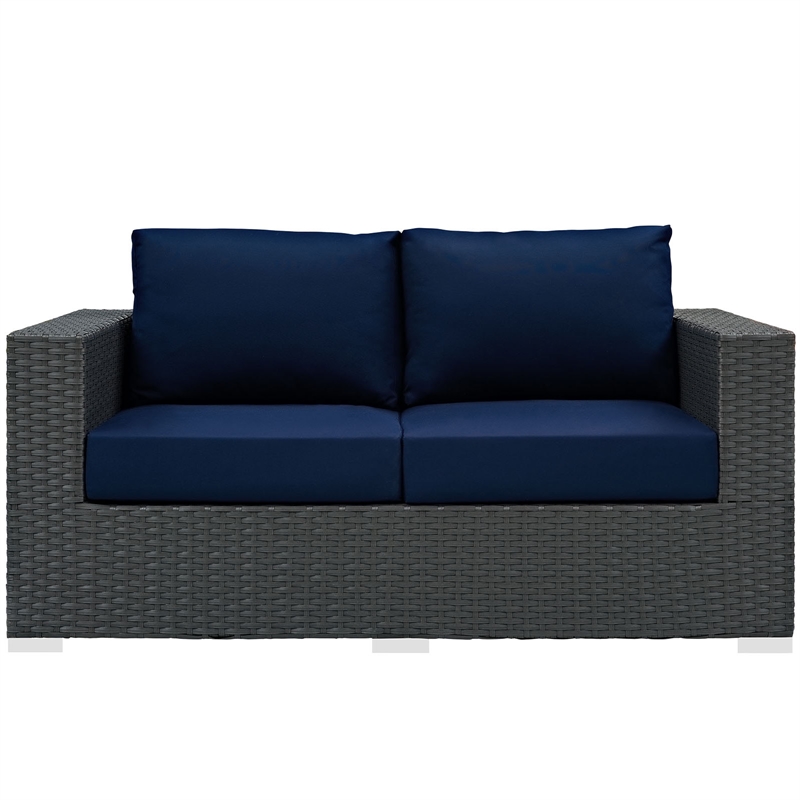 Modway Sojourn Aluminum and Rattan Patio Loveseat in Canvas/Navy