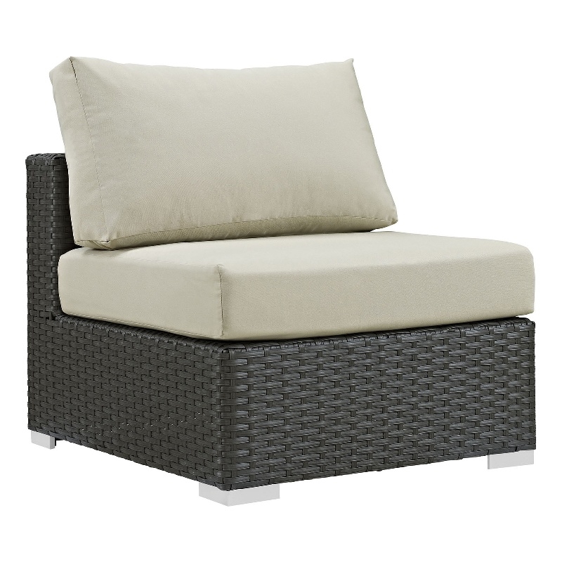 Modway Sojourn Aluminum Fabric and Rattan Patio Armless Chair in Canvas/Beige