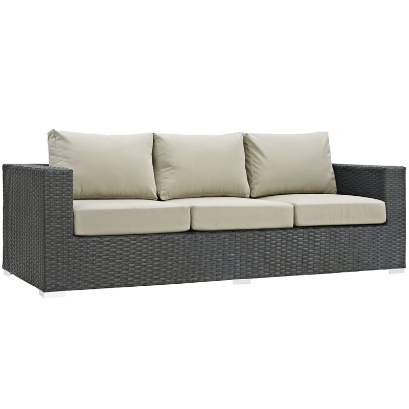 Modway Sojourn Aluminum and Rattan Patio Sofa in Canvas/Antique Beige