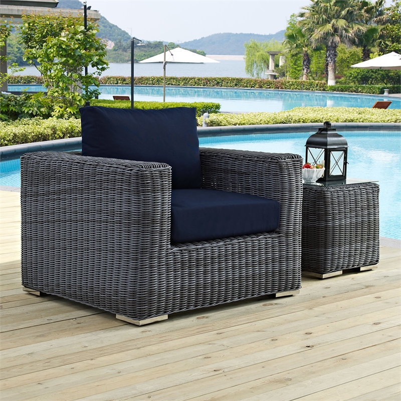 Modway Summon Aluminum Fabric and Rattan Patio Armchair in Canvas/Navy