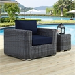 Modway Summon Aluminum Fabric and Rattan Patio Armchair in Canvas/Navy