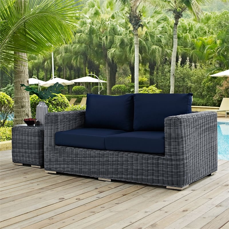 Modway Summon Aluminum and Rattan Patio Loveseat in Canvas/Navy