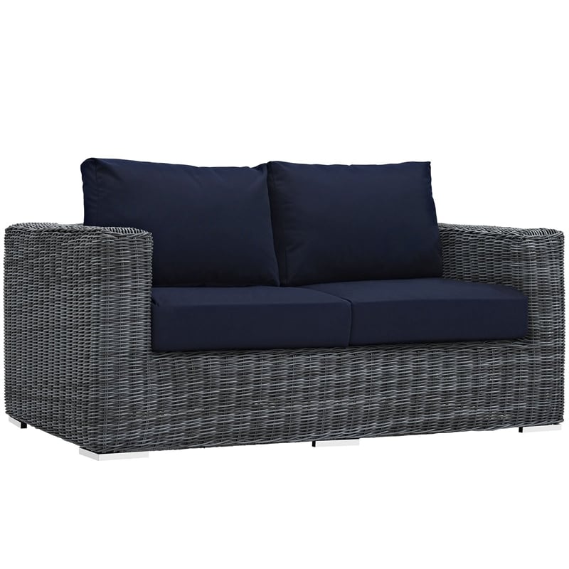 Modway Summon Aluminum and Rattan Patio Loveseat in Canvas/Navy