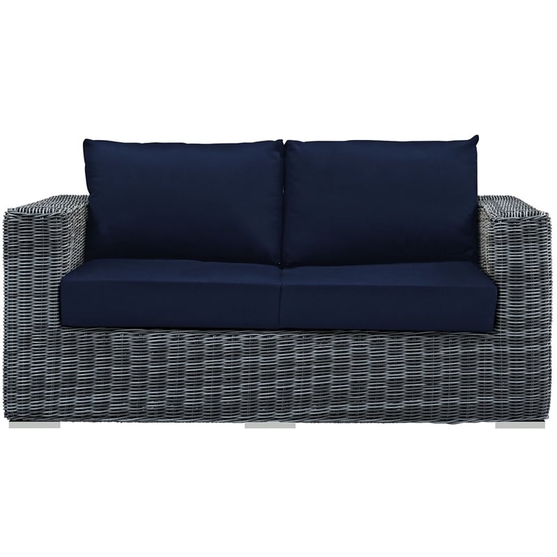 Modway Summon Aluminum and Rattan Patio Loveseat in Canvas/Navy