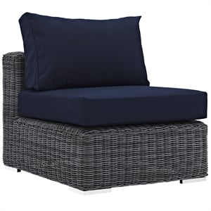 Modway Summon Aluminum and Rattan Patio Armless Sofa Chair in Canvas/Navy