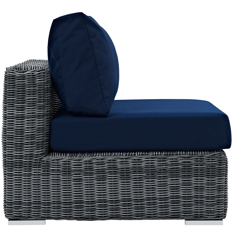 Modway Summon Aluminum and Rattan Patio Armless Sofa Chair in Canvas/Navy