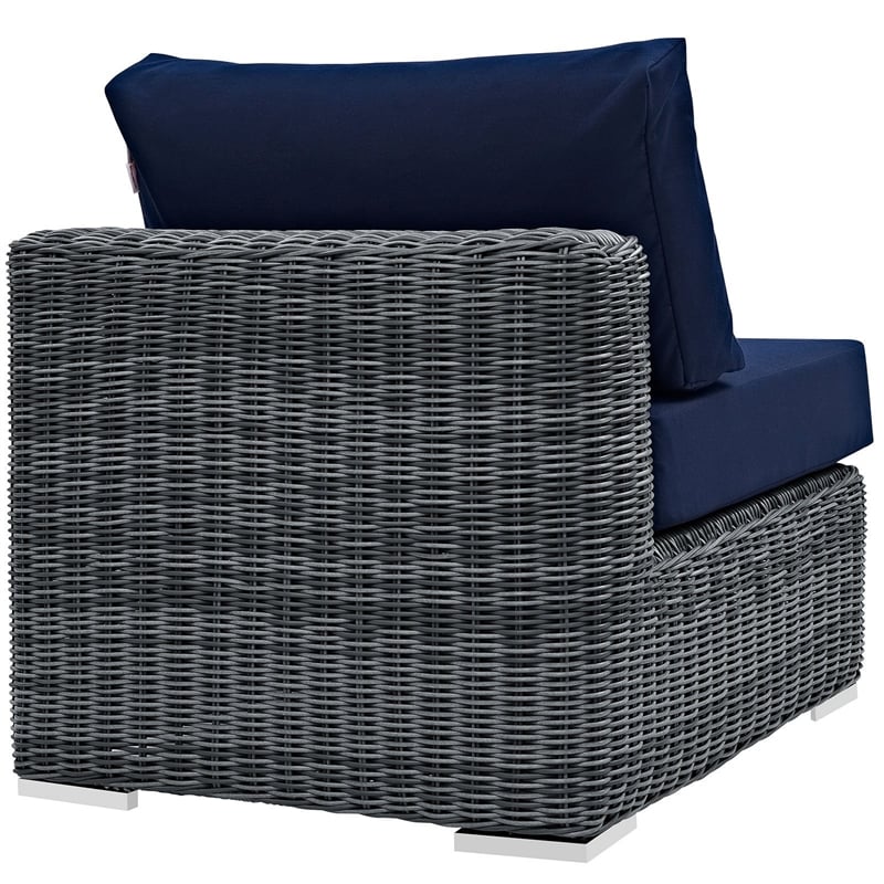 Modway Summon Aluminum and Rattan Patio Armless Sofa Chair in Canvas/Navy