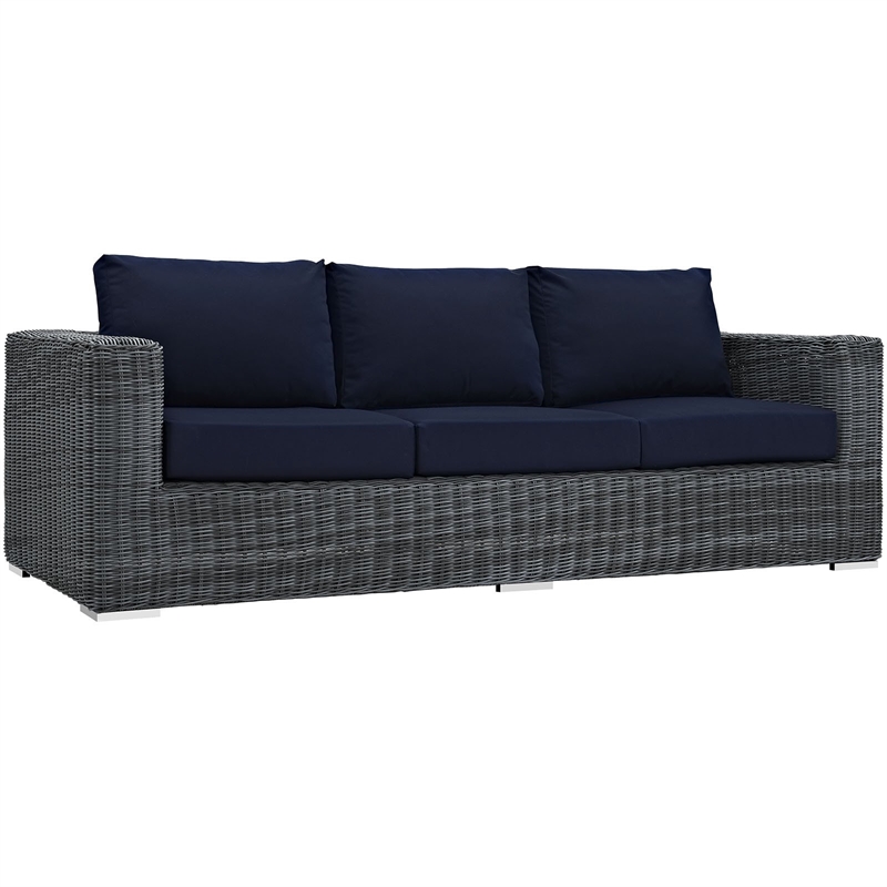 Modway Summon Modern Aluminum and Rattan Patio Sofa in Canvas/Navy