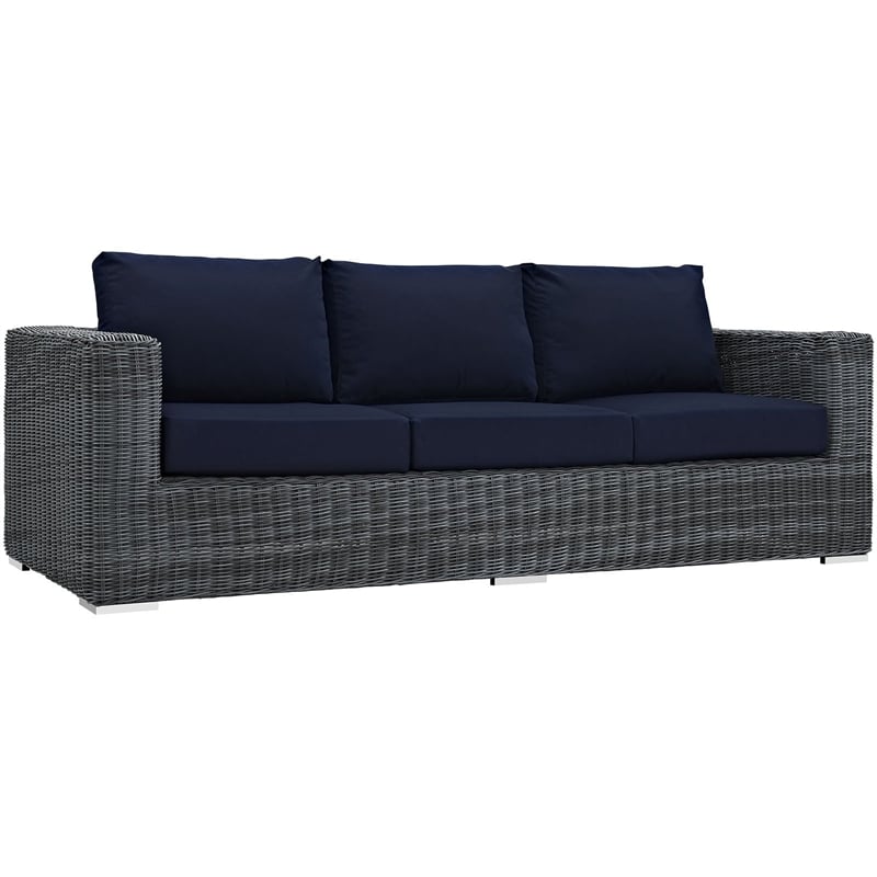 Modway Summon Modern Aluminum and Rattan Patio Sofa in Canvas/Navy