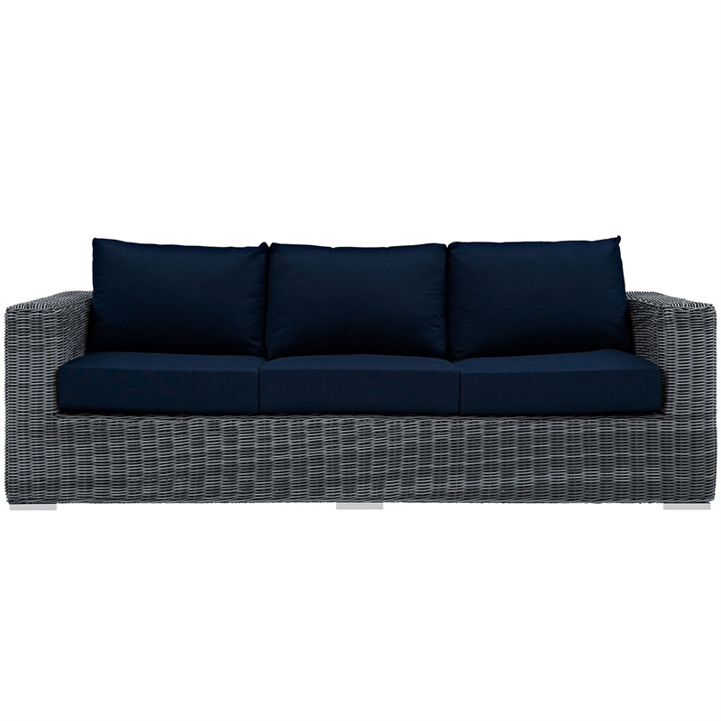 Modway Summon Modern Aluminum and Rattan Patio Sofa in Canvas/Navy