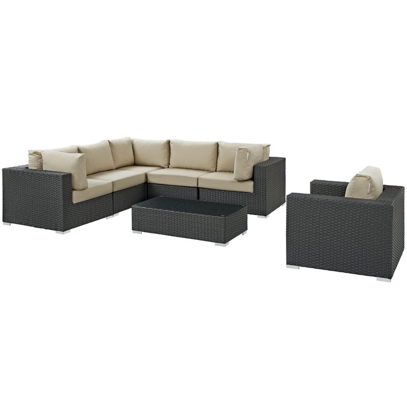 Modway Sojourn 7-Piece Aluminum Rattan Patio Sectional Set in Canvas/Beige