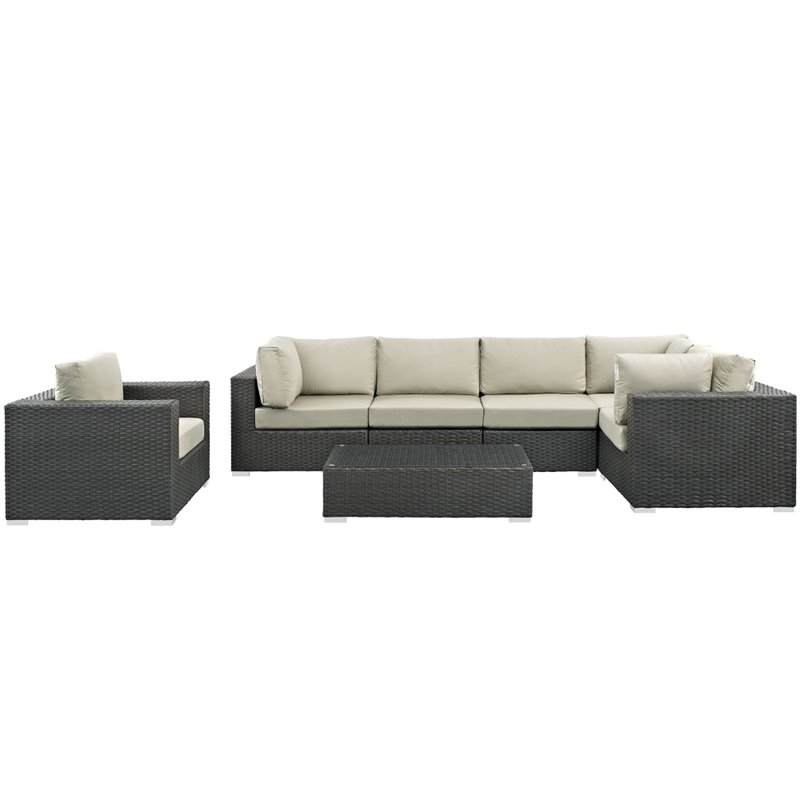 Modway Sojourn 7-Piece Aluminum Rattan Patio Sectional Set in Canvas/Beige