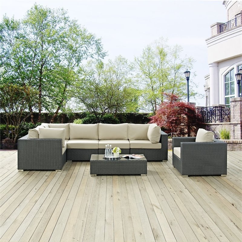 Modway Sojourn 7-Piece Aluminum Rattan Patio Sectional Set in Canvas/Beige