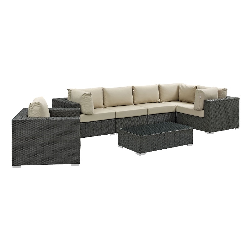 Modway Sojourn 7-Piece Aluminum Rattan Patio Sectional Set in Canvas/Beige