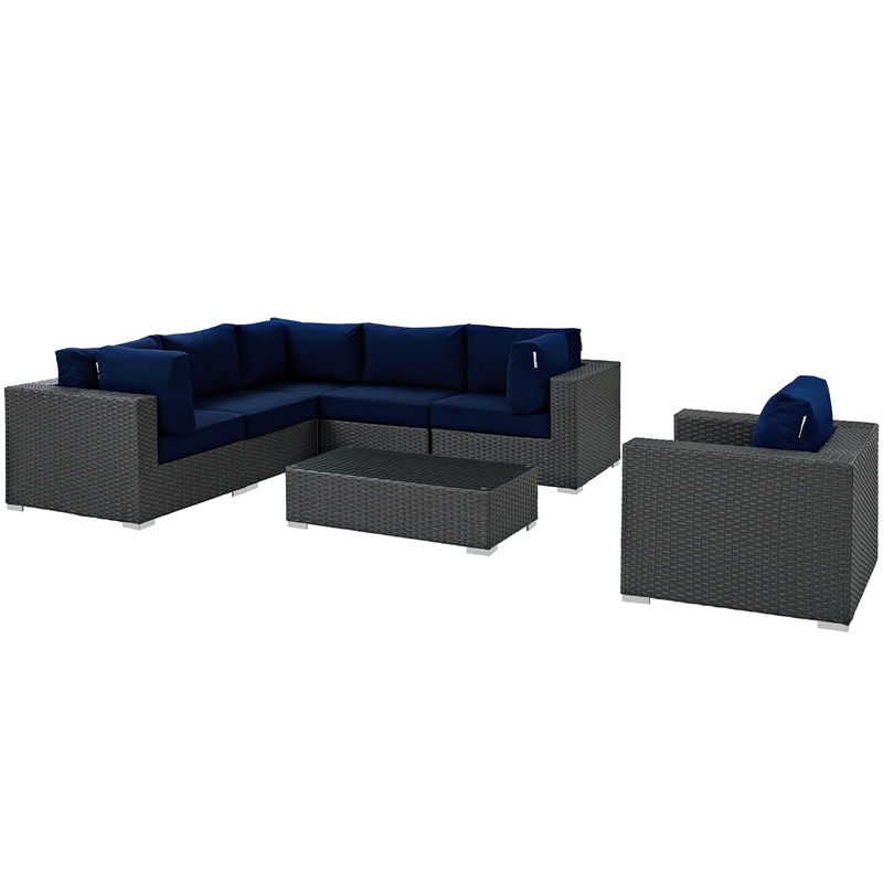 Modway Sojourn 7-Piece Aluminum Rattan Patio Sectional Set in Canvas/Navy