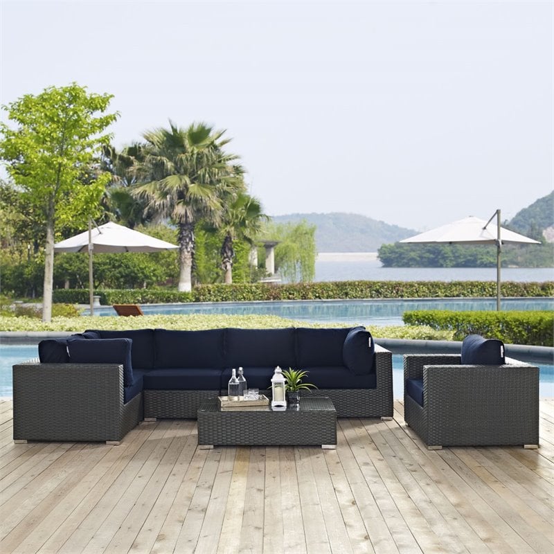 Modway Sojourn 7-Piece Aluminum Rattan Patio Sectional Set in Canvas/Navy