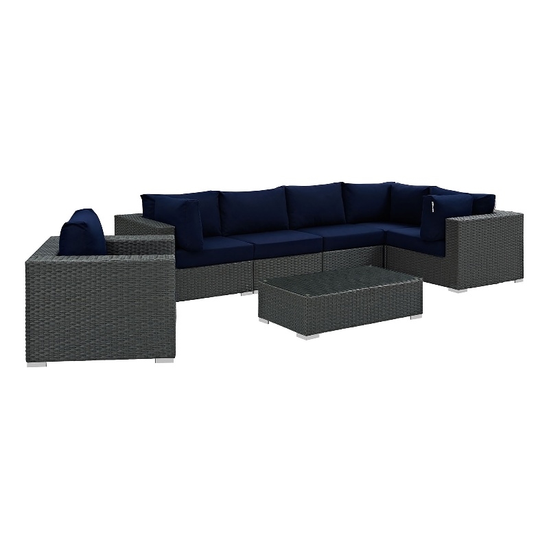 Modway Sojourn 7-Piece Aluminum Rattan Patio Sectional Set in Canvas/Navy