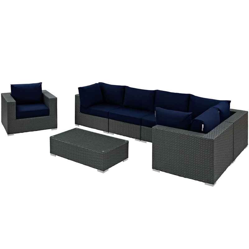 Modway Sojourn 7-Piece Aluminum Rattan Patio Sectional Set in Canvas/Navy