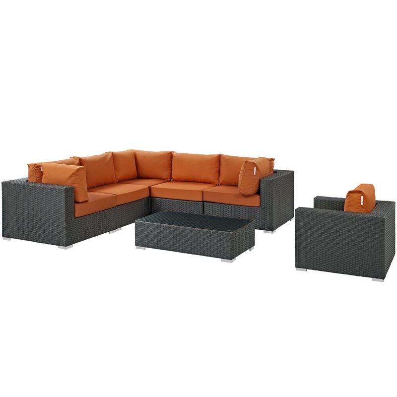 Modway Sojourn 7-Piece Aluminum Rattan Patio Sectional Set in Canvas/Tuscan