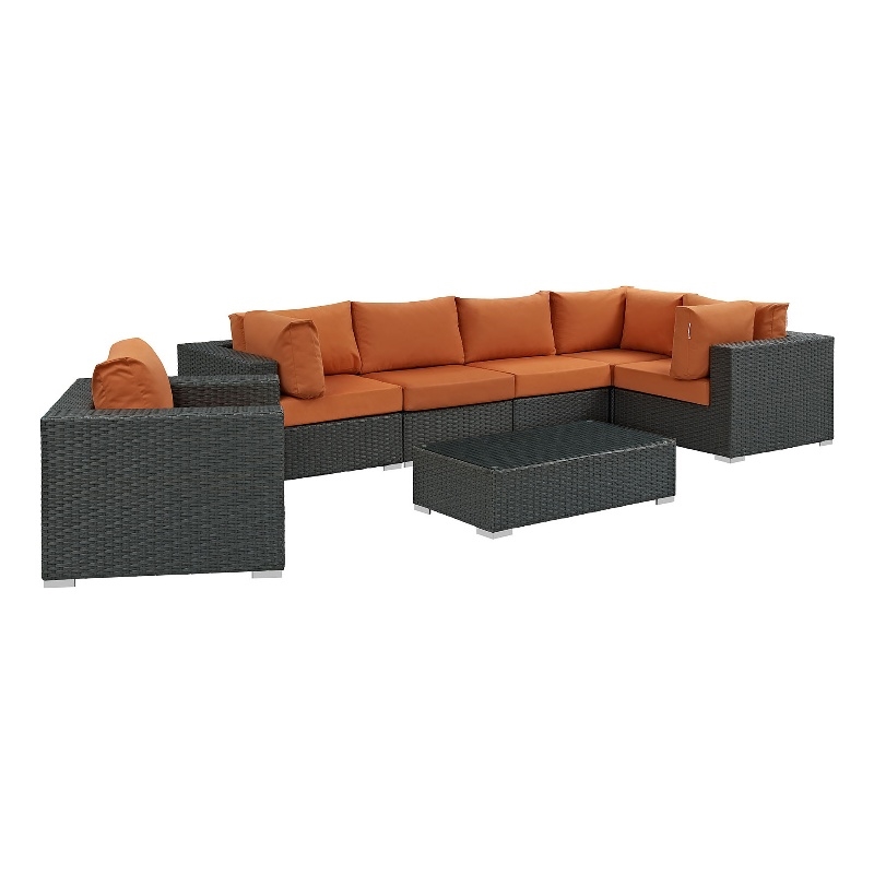 Modway Sojourn 7-Piece Aluminum Rattan Patio Sectional Set in Canvas/Tuscan