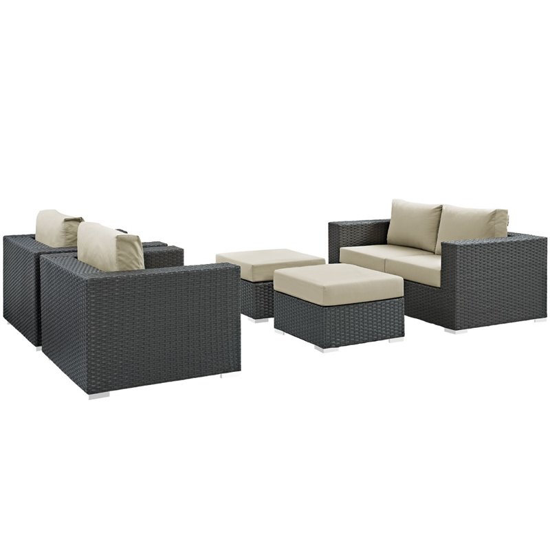 Modway Sojourn 5-Piece Aluminum Rattan Patio Sectional Set - Canvas/Beige