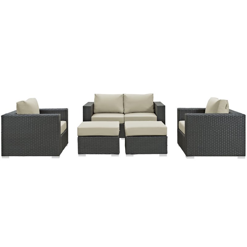 Modway Sojourn 5-Piece Aluminum Rattan Patio Sectional Set - Canvas/Beige
