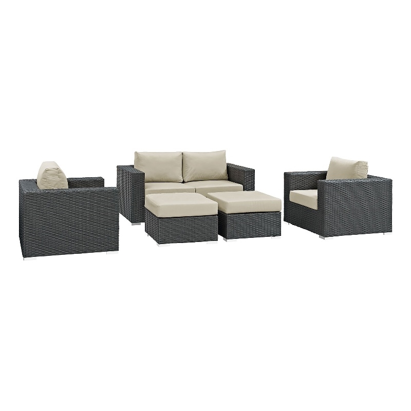 Modway Sojourn 5-Piece Aluminum Rattan Patio Sectional Set - Canvas/Beige