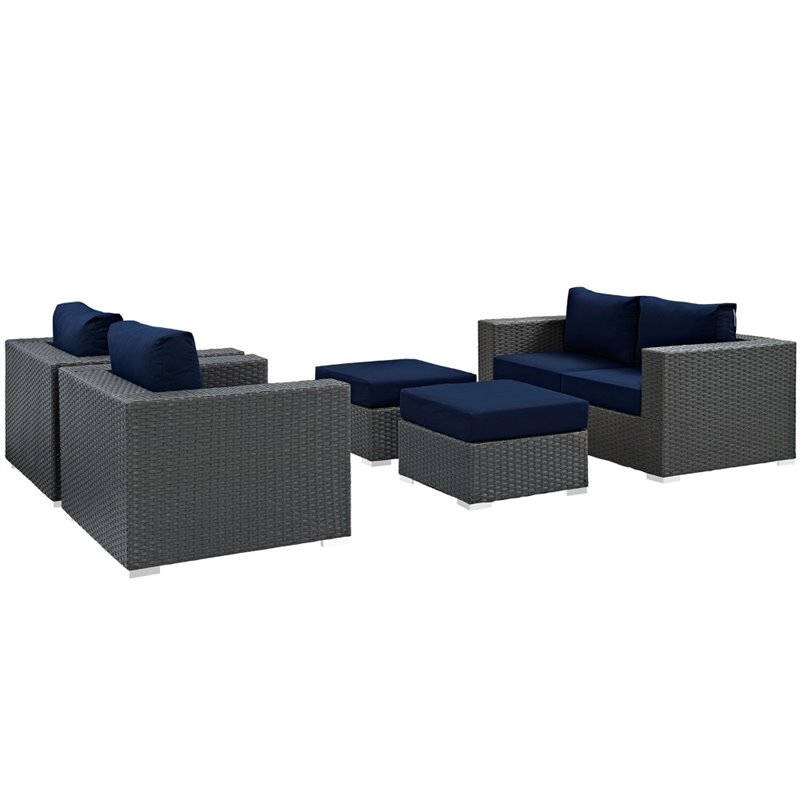 Modway Sojourn 5-Piece Aluminum Rattan Patio Sectional Set in Canvas/Navy