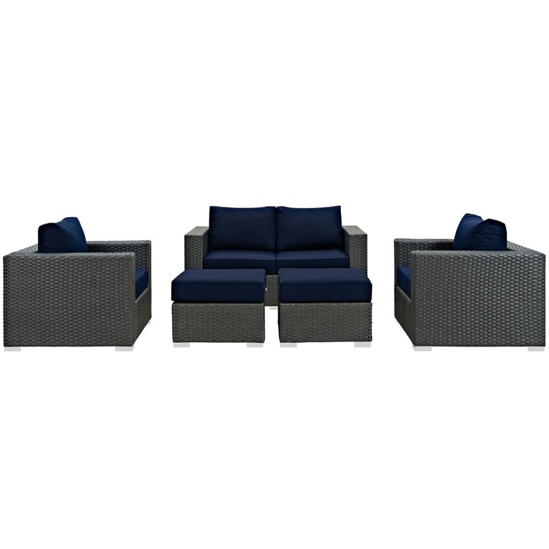Modway Sojourn 5-Piece Aluminum Rattan Patio Sectional Set in Canvas/Navy