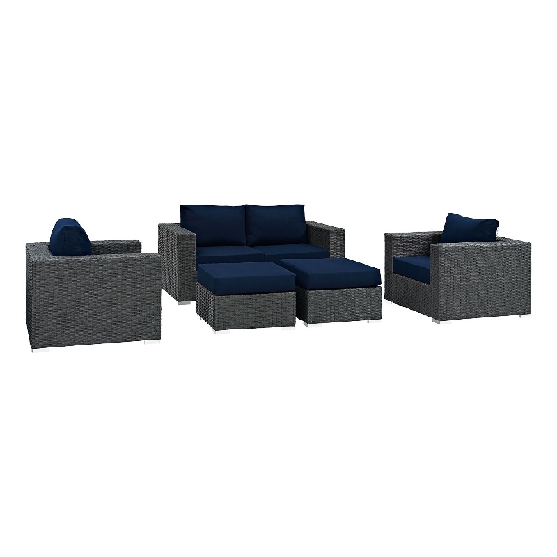 Modway Sojourn 5-Piece Aluminum Rattan Patio Sectional Set in Canvas/Navy