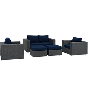 modway sojourn 5 piece patio sofa set in canvas navy