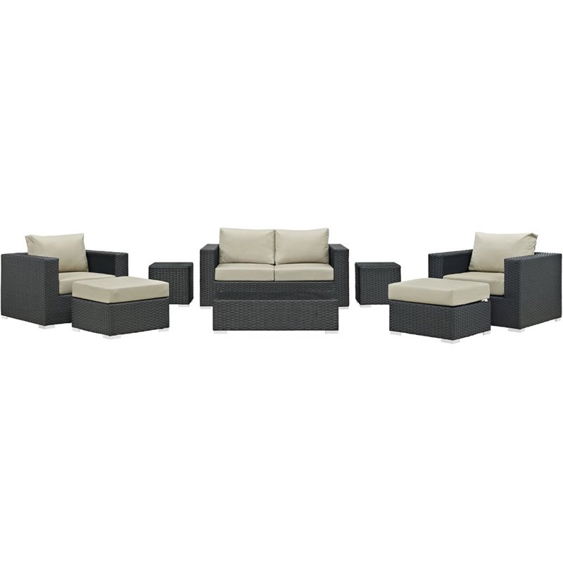 Modway Sojourn 8-Piece Aluminum and Rattan Patio Sectional Set in Canvas/Beige