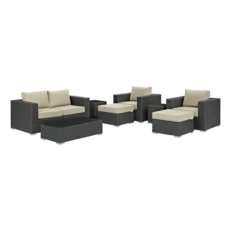 Modway Sojourn 8-Piece Aluminum and Rattan Patio Sectional Set in Canvas/Beige