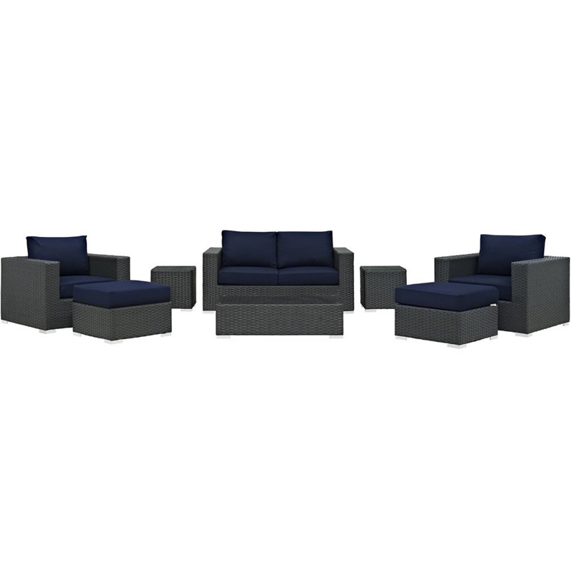 Modway Sojourn 8-Piece Aluminum and Rattan Patio Sectional Set in Canvas/Navy